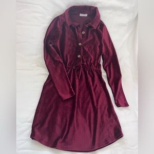 USED Burgundy Velvet Drawstring Waist Below Knee Long Sleeve Dress, size 10 girl